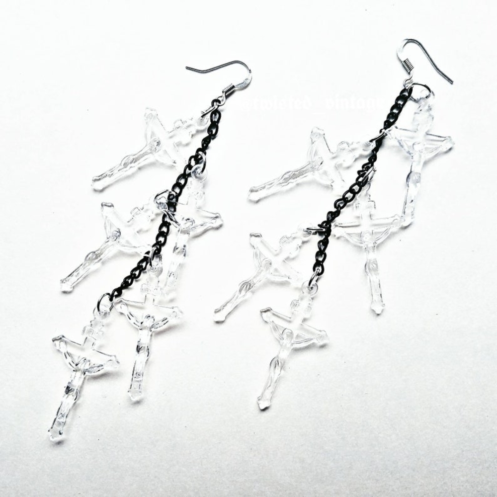 Handmade Black and Clear Acrylic Cross Chains Statement Earrings